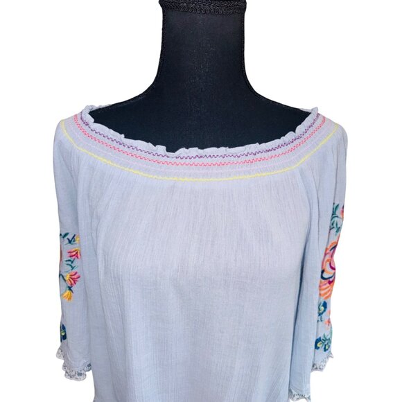 John Mark Boho Embroidered Peasant Top S Blue Off Shoulder Patchwork Ruffle Hem - Picture 3 of 8